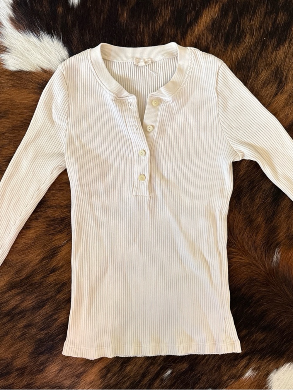 Women's Ribbed Henley Long Sleeve Top - Ivory